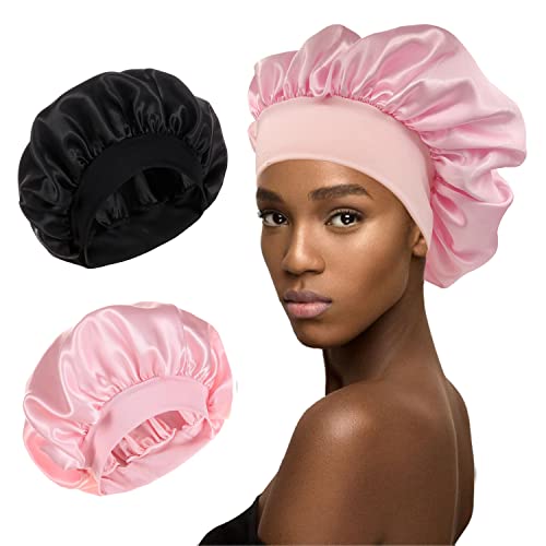 2 Paket Saten Bonnet İpek Bonnet Uyku için Saç Bonesi Kıvırcık Saç Örgüler Siyah Kadın için Boneler Saç Sarma Uyku Kapakları
