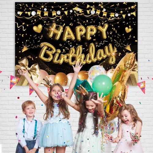 Glitter Altın Mutlu Doğum Günü Partisi Zemin Siyah Altın Balonlar ve Konfeti Parti Dekorasyon Arka Plan Malzemeleri Kek Masa