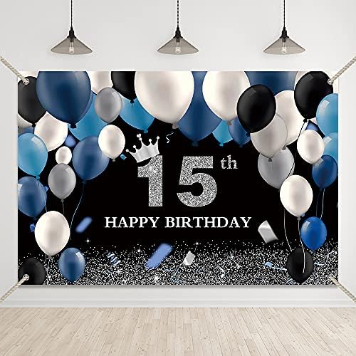 Bellımas Siyah ve Gümüş 15th Doğum Günü Backdrop Lacivert ve Beyaz Balonlar Taç 15 Doğum Günü Partisi Süslemeleri Bakır Grommets