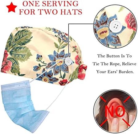2 Paket Vintage Gül Çiçek Çalışma Kapağı Düğmeleri ve Ter Bandı Ayarlanabilir Fırçalama Kap Hemşirelik Kap Kravat