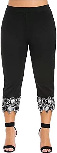 Bayan Yüksek Belli Düz Renk Dikiş Dantel Tayt Yoga Spor Koşu Pantolon Kırpılmış Rahat Dipleri Artı Boyutu Pantolon (Siyah,