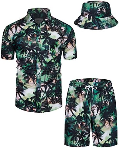 TUNEVUSE Mens Hawaii Gömlek ve şort takımı 2 Adet Tropikal Kıyafet Çiçek Baskı Düğme Aşağı Plaj Takım Elbise Kova Şapka