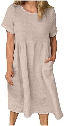 Kadın Artı Boyutu Kısa Kollu Gevşek Pamuk Keten Elbise Yaz Rahat Düz Ekip Boyun Tunik Elbise plaj tişörtü Güneş Elbise