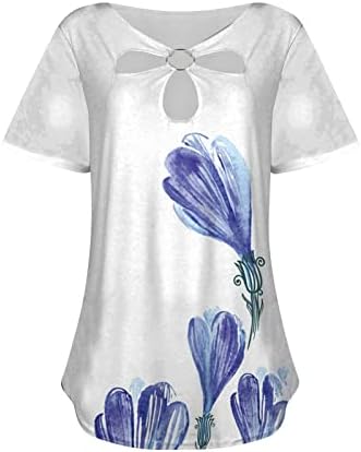 Pejock kadın Baskılı Üstleri 2023 Rahat Doğal Çiçekler T Shirt Yaz Anahtar Deliği Crewneck T-Shirt Gevşek Kısa Kollu Tunik