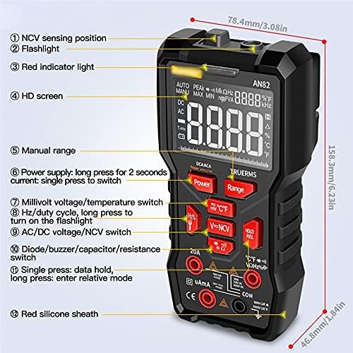 WSSBK Frekans Akım Gerilim Faktörü Metre AC / DC Ampermetre tester ölçer 9999 Sayımlar True-RMS Dijital Multimetre (Renk: