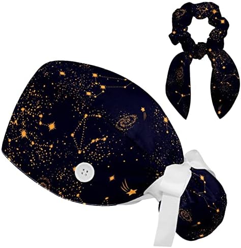 Galaxy Yıldız Siyah Fırçalama Kapaklar Cerrahi Kadınlar Düğme Ayarlanabilir Şapkalar Cerrahi Kapaklar Scrunchie ile Kadınlar