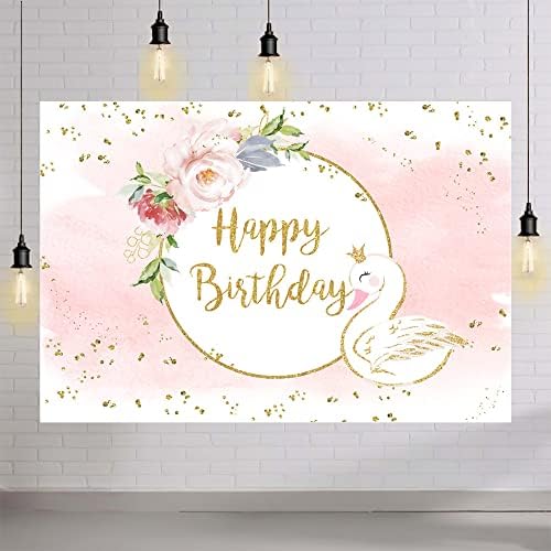AIBIIN 7x5ft Kuğu Doğum Günü Backdrop Kız Pastel Prenses Mutlu Doğum Günü Partisi Dekorasyon Pembe Çiçek Altın Glitter Photoshoot