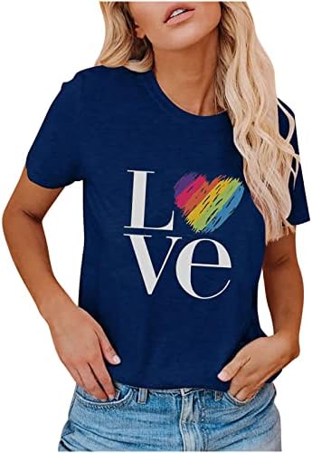 Kısa Kollu Tişörtleri Genç Kızlar için Yaz Sonbahar Tekne Boyun Gökkuşağı Aşk Baskı Casual Tops Tees Kadınlar 2023 Giyim