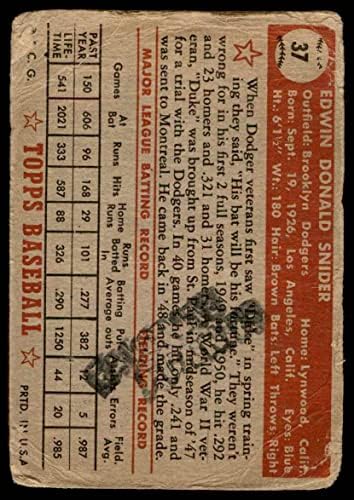 1952 Topps 37 Duke Snider Brooklyn Dodgers (Beyzbol Kartı) ZAVALLI Dodgers
