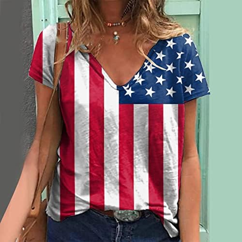 4th Temmuz Gömlek Kadınlar için Rahat Yaz ABD Bayrağı T-Shirt Kısa Kollu V Boyun Çizgili Kravat Boya Vatansever Bluz Üst