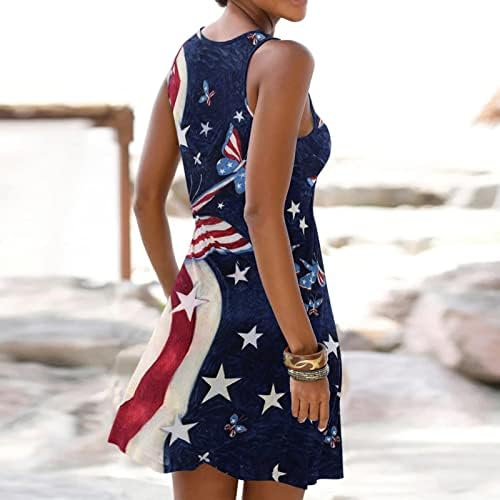 4th Temmuz Elbise Kadınlar için Yaz Casual Tank Elbise Amerikan Bayrağı Kolsuz O Boyun Anahtar Deliği Yıldız Çizgili Yensiz