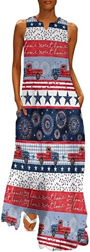 4th Temmuz Maxi Elbise Kadınlar için Gevşek Casual Yaz Boho Elbise Kolsuz V Yaka Elbise Amerikan Bayrağı Dökümlü Plaj Elbise
