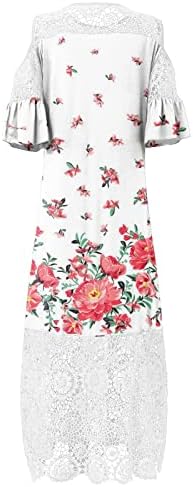 Artı Boyutu Soğuk Omuz Elbiseler Kadınlar için Yaz Kısa Kollu Tığ İşi Dantel Elbise See Through Casual Boho Çiçek Tüy Elbise