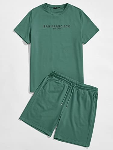 FİOXA İki Parçalı Kıyafetler Erkekler için Mektup Grafik Tee ve Parça şort takımı (Renk: Yeşil, Boyut: X-Large)