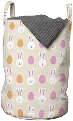 Ambesonne Paskalya Çamaşır Torbası, Tavşan Yüzlü ve Yumurta Silüetli Çizgi Film Tarzı Çocuksu Desen, Kulplu Sepet Çamaşırhaneler