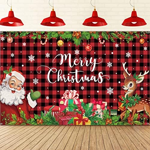Vintage Noel Backdrop Banner Polyester Merry Christmas Fotoğraf Arka Plan Kırmızı Siyah Buffalo Kontrol Ekose Noel Baba Zemin