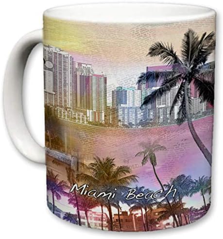 Miami Şehri Kupa / Seramik Kahve Fincanı / Şehir Silüeti / Miami Beni Seviyor Cümle / Kıyı Şeridi Teması / Palmiye Ağacı