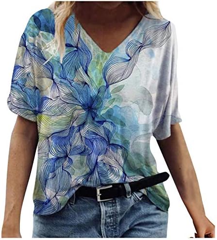 Lethez Bayan Gömlek, Bayan Gömlek Bluz Çiçek Baskı T-Shirt Rahat Kısa Kollu T Shirt Egzersiz Üstleri ve Bluzlar
