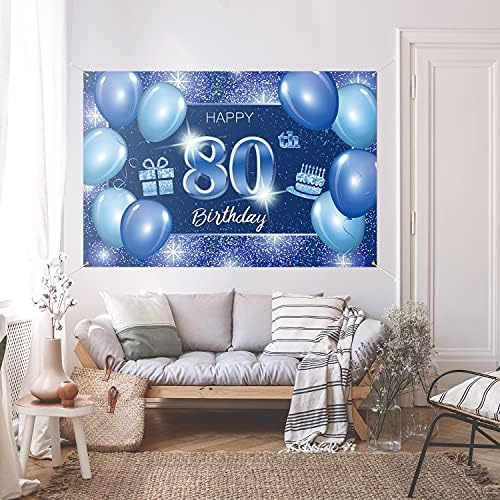 5665 Mutlu 80th Doğum Günü Backdrop Banner Dekor Mavi Nokta Glitter Sparkle 80 Yaşında Doğum Günü partisi Tema Süslemeleri