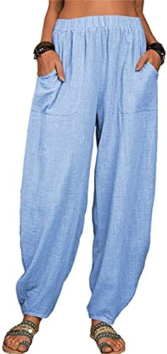 Maiyifu-GJ kadın Baggy Keten Geniş Bacak Pantolon Elastik Bel Rahat Gevşek Uzun Pantolon Yüksek Belli Rahat Salon Pantolon