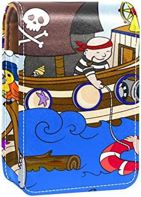 Karikatür Okyanus Korsan Küçük Ruj Kılıfı İçin Ayna İle Çanta, Dayanıklı Deri Kozmetik makyaj tutucusu, Taşınabilir Seyahat