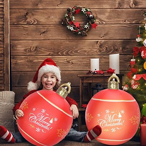 Moukeren 2 Adet 24 İnç PVC şişme Noel topları açık süslemeleri ile şarj edilebilir led ışık ve uzaktan Noel dekore top Yard