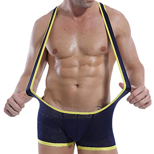 Erkek Örgü güreş atleti Leotard Seksi Jartiyer Jockstrap Bodysuit Tek Parça Nefes Tulum İç Çamaşırı (Mavi, X-Large)