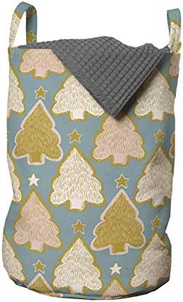 Ambesonne Noel Çamaşır Torbası, Pastel Tasarımlı Tekrarlanan Rustik Çizgili Kışlık Çam Ağaçları ve Yıldızlar, Çamaşırhaneler