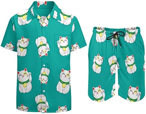 Japon Şanslı Kedi erkek 2 Parça Plaj Kıyafetleri Hawaiian Düğme Aşağı Kısa Kollu Gömlek ve Şort Takım Elbise