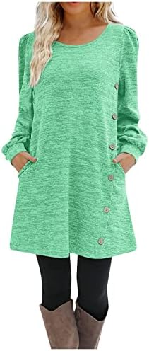 Shusuen kadın Düğme Elbiseler 2023 Yuvarlak Boyun Düz Renk Uzun Kollu Elbise Rahat Gevşek Elbise Şık Tunik Elbise