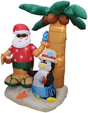 İki Noel Partisi Dekorasyon Paketi, palmiye ağacına sahip bir adada 7 ayak şişme Noel Baba ve Penguen ve ışıklı üç Kral patlatmalı