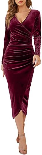 ıQKA Kadife Elbise Kadınlar için Vestidos Uzun Kollu Wrap V Boyun Dantelli Resmi Kokteyl Parti Elbiseleri