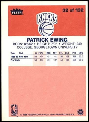 1986 Fleer 32 Patrick Ewing New York Knicks (Basketbol Kartı) ESKİ Knicks Georgetown