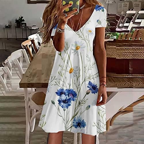 Bayan Yaz Mini Elbise Kısa Kollu Çiçek Rahat V Boyun Gevşek Fit Artı Boyutu Seksi Plaj Elbise Düğün Konuk