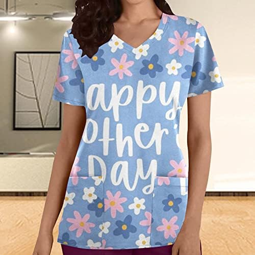 Mutlu anneler Günü Gömlek Kadın Fırçalama Üstleri Cep ile Güzel Çiçek Grafik Tees Casual Kısa Kollu Bluzlar