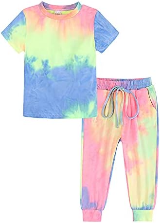 TTAO Yürüyor Çocuk Erkek Kız Yaz İki Adet Batik Baskı Eşofman Yuvarlak Boyun Tee Gömlek Sweatpants Setleri
