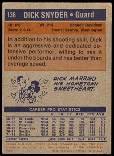 1972 Topps Normal Basketbol kartı136 Seattle Supersonics'ten dick snyder Derece iyi