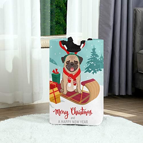 YYZZH Noel Pug Yavru Köpek Santa Kızak Ağacı Orman Kar Tanesi Kış Kar Büyük Çamaşır Torbası Sepet Alışveriş Çantası Katlanabilir
