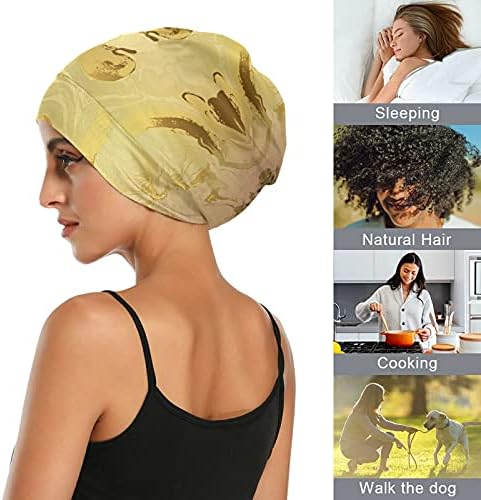 Kafatası Kap Uyku Kap Çalışma Şapka Bonnet Beanies Kadınlar için Mermer Taş Çizgili Vintage Soyut Altın Uyku Kap Çalışma