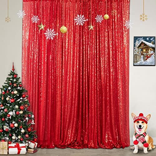 Pullu Backdrop-Curtain-5FTx10FT-Red-Pullu Kumaş fotoğraf kabini Zemin Glitter Zemin Mutlu Doğum Günü Zemin Kırmızı Fotoğraf