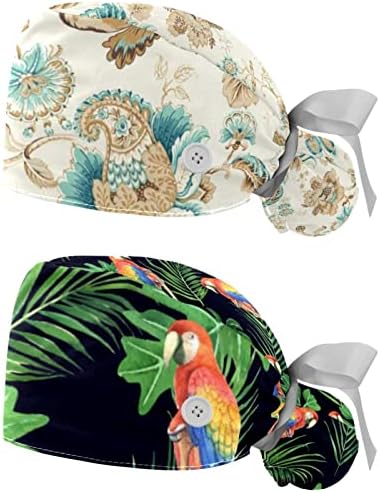 2 Paketleri Çalışma Kap Düğmeleri ile, Ayarlanabilir Elastik Bandaj Kravat Geri Şapka, fırçalama Cerrahi Kap Pteris Çiçek