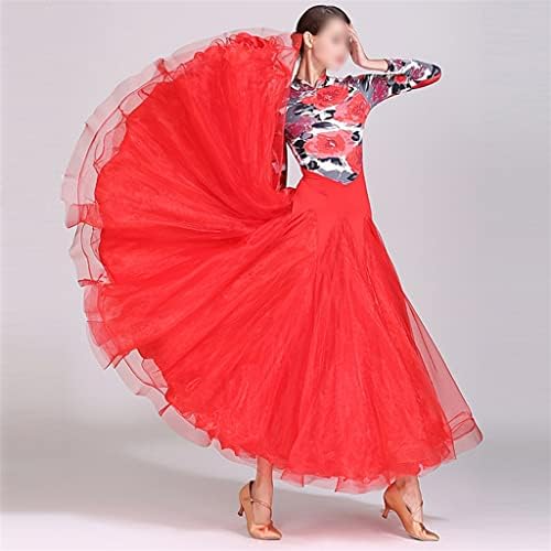 DANN Çiçek Uzun Kollu Iplik Kabarık Yüksek Boyun Latin Dans Elbise Kadın Performans Latino Giyim