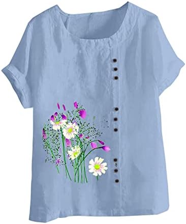 Genç Kız Bluz Kısa Kollu Keten Pamuk Crewneck Papatya Haşhaş Çiçek Grafik Büyük Boy Salon Bluz Gömlek Kadın