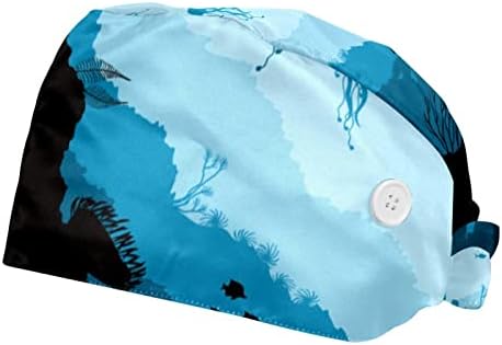 2 Paket Mavi Köpekbalıkları Sualtı Çalışma Kapağı Düğmeli Ter Bandı Ayarlanabilir Kravat Geri Kabarık Şapkalar