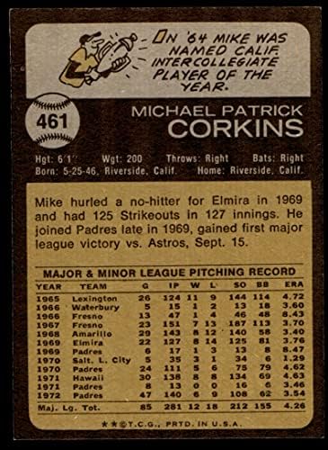 1973 Topps 461 Mike Corkins San Diego Padres (Beyzbol Kartı) NM / MT + Padres
