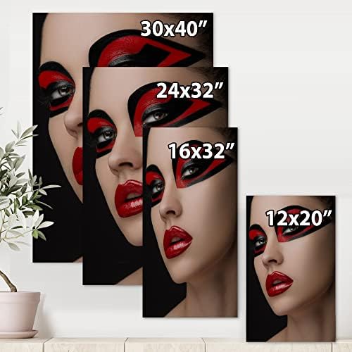 DesignQ Kırmızı Dudaklar Siyah Makyaj Göz Maskesi Kadın Modern Tuval Duvar Sanatı,12x20