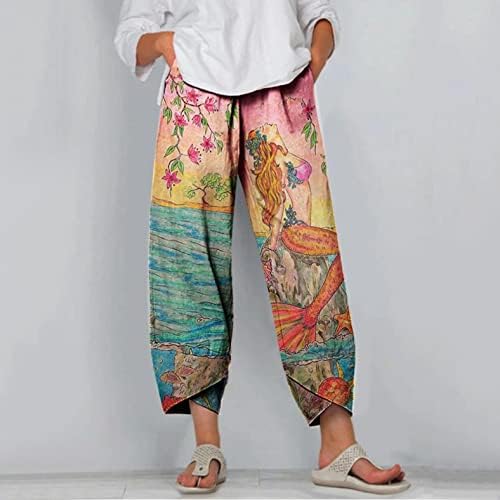 Kapri pantolonlar Kadınlar için Şık, Bayan Yoga Vintage Baskı Elastik Bel dinlenme pantolonu Gevşek Kapriler