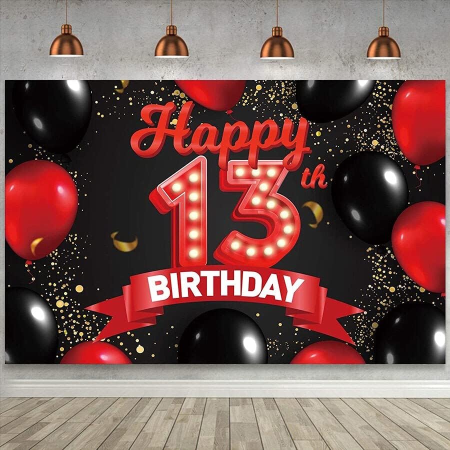 Mutlu 13th Doğum Günü Partisi Zemin Kek Masa Afiş Posteri Dekor On Üç 13 Yaşında Kız Erkek Kırmızı ve Siyah Arka Plan
