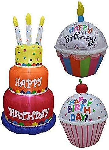 Üç doğum günü partisi süslemeleri paketi, 4 mum ile 6 ayak boyunda şişme mutlu doğum günü pastası ve iki 4 ayak boyunda şişme